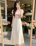 拉夏貝爾高級感西裝半身裙女春夏2026雪紡壓褶拼接設計直筒長裙子 杏色 XL 曬單實拍圖