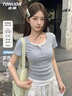 唐獅（TonLion）短袖女士t恤夏季新款假兩件高級感正肩修身顯瘦短款辣妹風(fēng)上衣服 曬單實(shí)拍圖