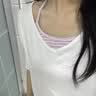 哈魯迪韓系粉條紋掛脖吊帶+慵懶風V領短袖T恤女休閑罩衫中袖上衣兩件套 白色 （白T+粉色吊帶 兩件套） M （80-100斤） 曬單實拍圖