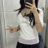 哈魯迪韓系粉條紋掛脖吊帶+慵懶風V領短袖T恤女休閑罩衫中袖上衣兩件套 白色 （白T+粉色吊帶 兩件套） M （80-100斤） 曬單實拍圖