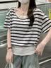 韓系條紋斜肩短袖T恤女2026夏季新款假兩件露肩收腰辣妹半袖上衣 黑白條紋 M （適合110-115斤） 曬單實拍圖