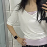 哈魯迪韓系粉條紋掛脖吊帶+慵懶風V領短袖T恤女休閑罩衫中袖上衣兩件套 白色 （白T+粉色吊帶 兩件套） M （80-100斤） 曬單實拍圖