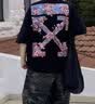 OFF-WHITE?情侶裝新款雙箭頭刺繡短袖T恤男士高端純棉短袖衣服女上衣櫻花 黑色 L （建議130-150斤） 曬單實拍圖