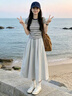 唐菓蜜連衣裙女夏季2026新款女裝韓系巨好看夏日穿搭一整套裝裙子 條紋上衣+灰色裙子 M 曬單實拍圖