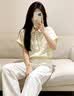 拉夏貝爾波點絲帶短袖翻領襯衫女夏薄款防曬抽繩收腰顯瘦短款上衣 黃色 M 曬單實拍圖