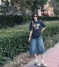 拉夏貝爾美式復古七分牛仔闊腿褲女2026夏薄款高腰寬松直筒中褲 復古藍 L 曬單實拍圖