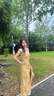 白鹿語女裝2026夏季新款法式女士連衣裙蕾絲花邊修身裙子 黃色 M 曬單實拍圖