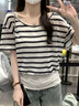 韓系條紋斜肩短袖T恤女2026夏季新款假兩件露肩收腰辣妹半袖上衣 黑白條紋 M （適合110-115斤） 曬單實拍圖