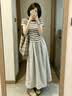 韓璐嬌（hanlujiao）連衣裙女裝夏季2026新款韓系減齡巨好看小個子穿搭衣服套裝長裙子 杏藍條上衣+灰色裙子【套裝】 M 曬單實拍圖