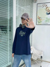 名創(chuàng)優(yōu)品（MINISO）純棉長(zhǎng)袖t恤男春秋季新款潮流百搭休閑上衣服重磅復(fù)古圓領(lǐng)打底衫 【220G新升級(jí)】藏青(mt綠墨藍(lán)跡) L /175(100%純棉久洗如新) 曬單實(shí)拍圖