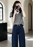 雪妃藍琪（XUEFEILANQI）2026超火夏裝一整套裝女韓系減齡穿搭小個子九分闊腿褲兩件套衣服 灰色上衣+藏青色褲子【有腰帶】 S 【建議80-95斤】 曬單實拍圖