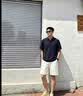 馬克華菲（MARK FAIRWHALE）淺藍色仿亞麻套裝男款夏季老錢風短袖polo衫短褲松弛感搭配一套 藏青色上衣+米白色短褲 XL (上衣褲子尺碼) 曬單實拍圖