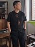 JEEP SPIRIT中國風唐裝男士短袖襯衫復古盤扣上衣中式茶服漢服香云紗唐裝 黑色【臻奢工藝】 M 曬單實拍圖