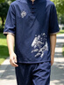JEEP SPIRIT中國風茶服男裝套裝漢服青年刺繡唐裝短袖男復古風古裝盤扣上衣 深藍 M 曬單實拍圖