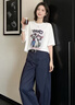 蔓爾依女裝套裝夏季2026新款時尚減齡夏裝穿搭氣質(zhì)輕熟衣服休閑闊腿褲子 白色上衣+藏藍色褲子 【不含腰帶】 M 【建議90-105斤】 曬單實拍圖
