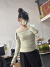 :CHOCOOLATEit韓系蕩領一字肩網紗長袖T恤女夏季露肩修身顯瘦上衣 綠色  均碼 曬單實拍圖