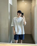 燦圖美式解構拼接刺繡短袖t恤男夏季潮牌cleanfit五分半截袖寬松上衣 白灰色 XL 【建議120-140斤】 曬單實拍圖