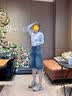 FivePlus夏季復古水洗高腰顯瘦七分休閑牛仔褲女 淺藍    M 曬單實拍圖