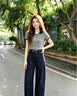 蔓爾依女裝套裝夏季2026新款韓系氣質減齡夏裝穿搭時尚輕熟休閑闊腿褲子 灰色上衣+藏青色褲子 【不含腰帶】 M 建議90-105斤 曬單實拍圖