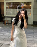 南木熊連衣裙法式溫柔風圓領短袖收腰女夏季設計感拼接垂感顯瘦氣質(zhì)長裙 白月光小白裙M【90-105斤】 曬單實拍圖