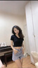 嫻柔短款短袖t恤女夏季新款V領(lǐng)修身體恤性感露背短裝露臍上衣 黑色 L  曬單實(shí)拍圖