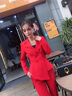 安依蓮職業(yè)裝女裝套裝春秋小香風(fēng)不規(guī)則職業(yè)小西裝正裝時(shí)尚女士紅色西服 大紅色外套+褲子 M 曬單實(shí)拍圖