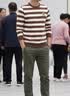 皮爾卡丹（pierre cardin）加絨加厚衛衣男秋季條紋休閑打底衫上衣潮流長袖T恤秋衣男裝 912棕色 XL (適合130-145斤) 曬單實拍圖