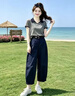蔓爾依女裝套裝夏季2026新款韓系氣質減齡夏裝穿搭時尚輕熟休閑闊腿褲子 灰色上衣+藏青色褲子 【不含腰帶】 M 建議90-105斤 曬單實拍圖