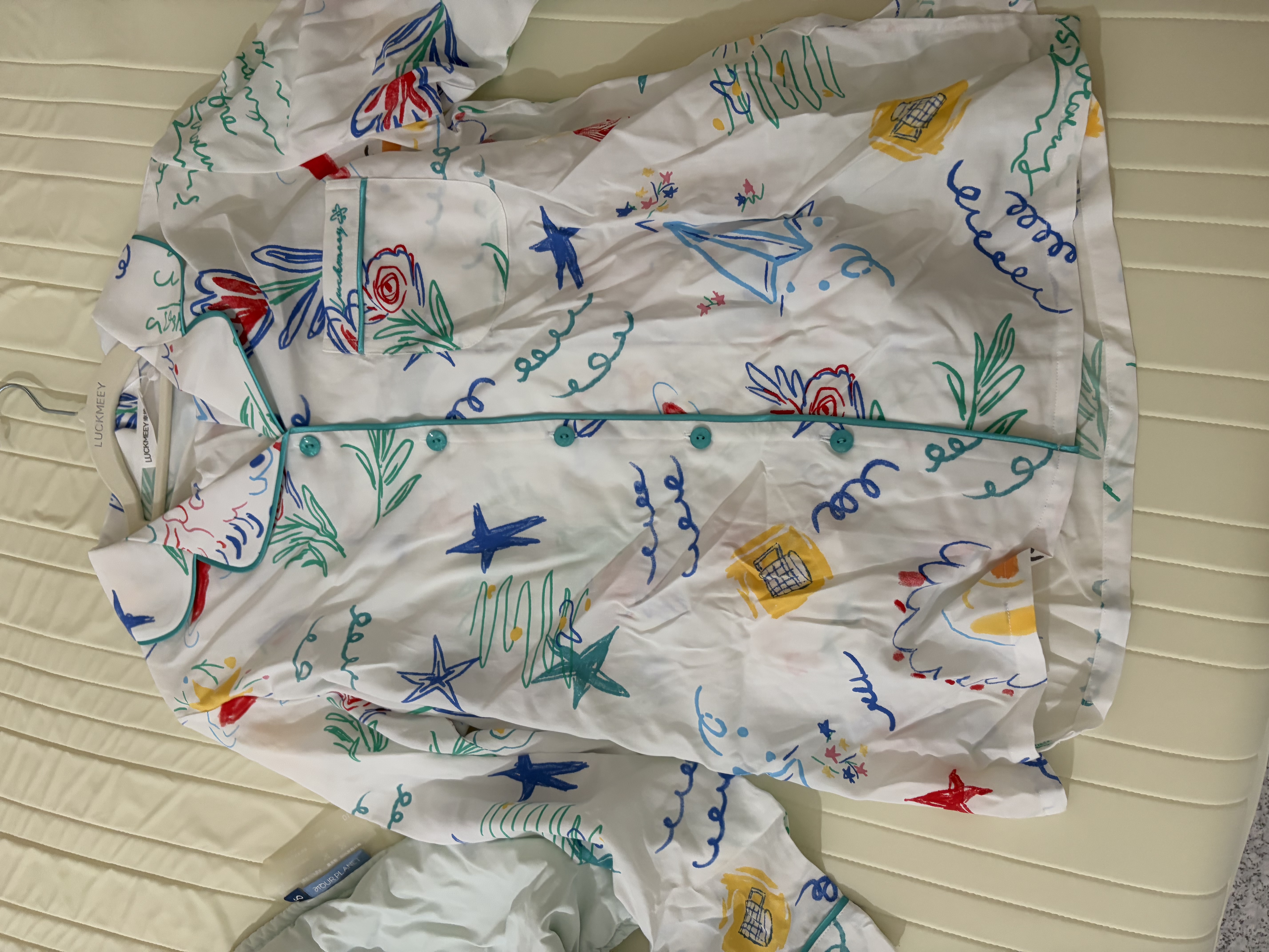 幸棉（LUCKMEEY）【云旗郝熠然同款】手繪涂鴉萊賽爾家居服套裝夏季透氣寬松可外穿 【男女同款】浪花白  長袖長褲 S 曬單實拍圖