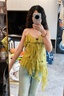三吉黑花【虞音】新中式吊帶背心女夏外穿蕾絲繡花鉚釘無袖上衣潮 黃綠 現貨 M 曬單實拍圖