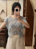 三吉黑花【如葵】水溶牛奶絲繩繡短袖T恤女鏤空上衣獨特設計感潮 天藍 現貨 M 曬單實拍圖