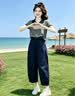 蔓爾依女裝套裝夏季2026新款韓系氣質減齡夏裝穿搭時尚輕熟休閑闊腿褲子 灰色上衣+藏青色褲子 【不含腰帶】 M 建議90-105斤 曬單實拍圖