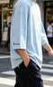 羅蒙刺繡七分袖男夏季新款大碼男短袖t恤男寬松半袖男打底衫男裝上衣 淺藍色 L 曬單實拍圖