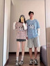 古由卡（GUUKA）美式條紋t恤男春秋新款寬松圓領潮流假兩件長袖情侶上衣打底衫 淺藍 T6364 M 曬單實拍圖