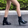 瑜尚臻品圓頭小短靴女黑色瘦瘦靴馬丁靴秋冬時裝短靴女法式粗跟漆皮 黑色 單層 [6CM跟高] 37 曬單實拍圖