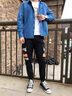 好布衣（HAOBUYI）牛仔襯衫男長(zhǎng)袖春秋季韓版修身純棉襯衫男復(fù)古休閑工裝襯衣潮 淺藍(lán)色 XL 曬單實(shí)拍圖