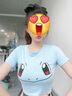 大眼睛衣服皮卡丘夏動(dòng)漫美少女可愛(ài)卡通短袖t恤女高腰緊身顯胸 藍色杰尼龜 S 曬單實(shí)拍圖