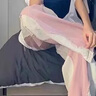 EPET美式街頭牛仔褲女潮牌設(shè)計(jì)感拼色寬松顯瘦闊腿褲高腰直筒拖地褲子 粉紅色  M 曬單實(shí)拍圖