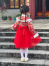 A 21 FUNB漢服女童冬季女寶蛇年拜年服新年童裝女連衣裙兒童過年喜慶唐裝 2217紅色+帶珠云肩 +紅色發(fā) 加絨 120 適合體重【35-40】斤 曬單實(shí)拍圖