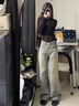 魯雅爾復古做舊闊腿牛仔褲女夏季新款高腰窄版顯瘦小個(gè)子毛邊直筒微喇褲 黃泥色 M （建議90斤到110斤） 曬單實(shí)拍圖
