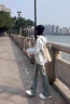衣然呈品窄版牛仔褲女裝美式高街夏季高腰顯瘦修身直筒小個(gè)子微喇叭長(zhǎng)褲子 白色 M【建議90-110斤】 曬單實(shí)拍圖