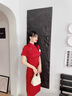 恒源祥（HYX）紅色短袖旗袍新中式新娘敬酒服2025年復(fù)古國風(fēng)小個子回門連衣裙 酒紅 M (90斤-100斤) 曬單實拍圖