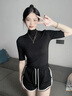 雅鹿拼接半高領(lǐng)中袖t恤女春秋季新款肌底衣緊身內(nèi)搭打底衫五分袖上衣 黑色 L 曬單實(shí)拍圖