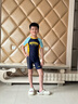 美津濃（MIZUNO）兒童泳衣男孩連體平角防曬沖浪潛水服速干溫泉游泳裝備AB411黃140 曬單實(shí)拍圖