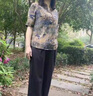 雪慕婭胖媽媽裝夏裝洋氣真絲上衣中老年人襯衫女桑蠶絲短袖t恤大碼套裝 藍(lán)色 2XL 【建議115-125斤】 曬單實(shí)拍圖