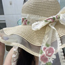 妙奕嘉草帽女防曬沙灘帽度假海邊帽子大帽檐夏季草編遮陽帽遮臉太陽帽子 花布遮陽草帽【米色】 曬單實(shí)拍圖