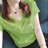 登森奧奧短袖t恤女顯瘦上衣2024夏季女裝新款休閑韓版V領(lǐng)印花棉體恤T恤女 果綠色五角星 2XL 建議120-135斤 曬單實(shí)拍圖