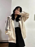 DXOT 秋冬韓系條紋拼接設計慵懶開衫美式新款復古連帽拉鏈外套ins潮流 杏色 M 曬單實拍圖