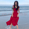 春乏紅色連衣裙赫本風穿搭中長款裙子海邊拍照度假風吊帶沙灘裙 酒紅色 XL [119~132斤] 曬單實拍圖