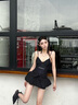 JAVC辣妹鏤空露背收腰吊帶連體衣純風少女感顯瘦褲裙黑色短裙套裝女夏 吊帶上衣+黑色褲裙【套裝】 S 建議 80-95斤 曬單實拍圖